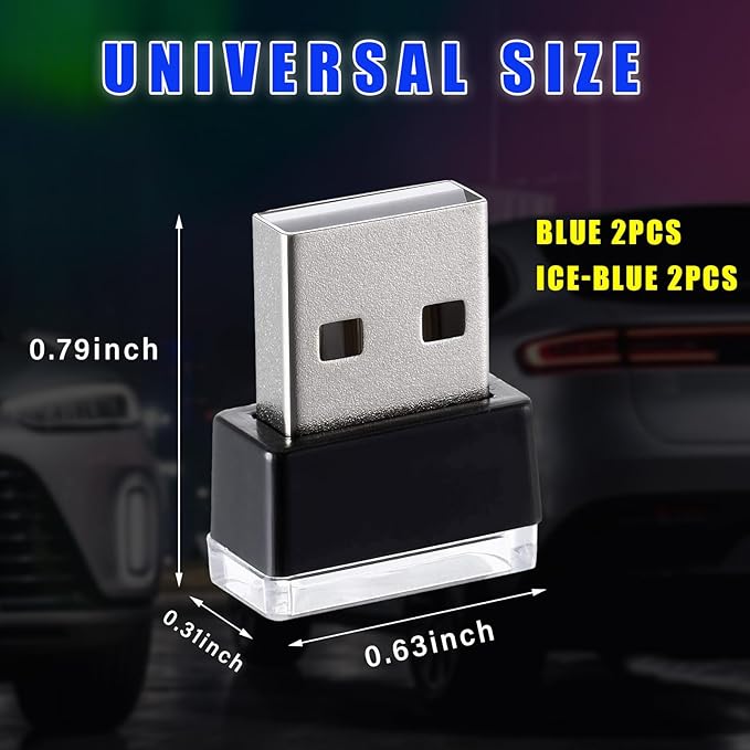 Augeny 4 PCS USB LED Car Interior Atmosphere Lamp, Plug-in USB Decor Night Light, Portable Auto Ambient Lighting Kit, Universal Vehicle Interior Accessories for Most Cars (Blue & Ice Blue) - Image 2
