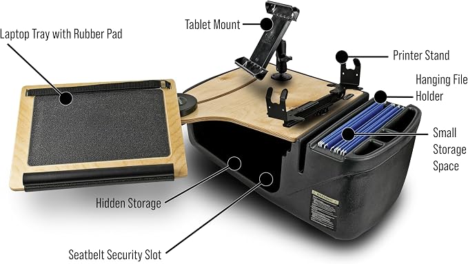 AutoExec Reach Desk Front Seat Car Desk and Portable Workstation with 400 watt Power Inverter, Printer Stand, Tablet Mount and Phone Vent Clip, Natural - Image 9