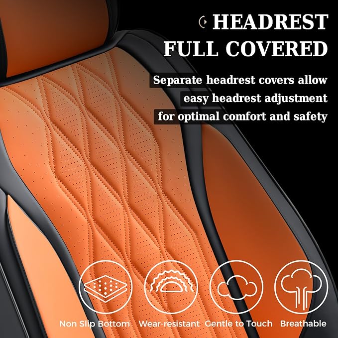 Coverado Seat Covers FullSet, 5 Seats Car Seat Protector, Waterproof Nappa Leather Cushion, Front & Rear Fit for Most Sedans SUV Pick-up Truck-Black&Orange - Image 6
