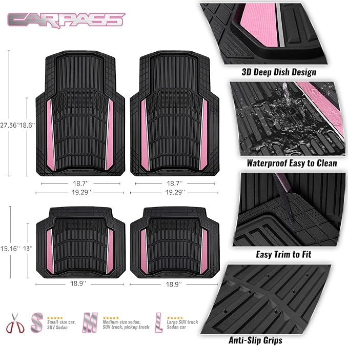 CAR PASS Heavy Duty Rubber Car Floor Mats, Deep Waterproof Car Floor Mats All Weather, Aluminum Film Floor Mats for Cars Non-Slip Universal Trim to Fit for SUVs Trucks Sedans Vans, Black Pink Metallic - Image 3