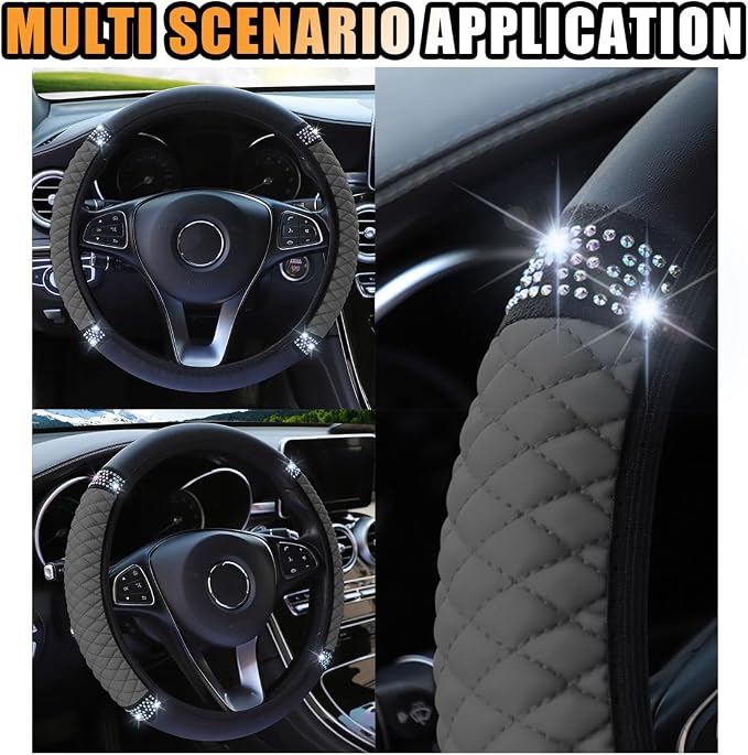 JOYCOURT 15 Inch Bling Soft Leather Car Steering Wheel Cover, Grey | Colorful Rhinestones Design, Auto Elastic Protector for Women Girls, Crystal Diamond Car Accessories for Most Cars, SUVs - Image 6