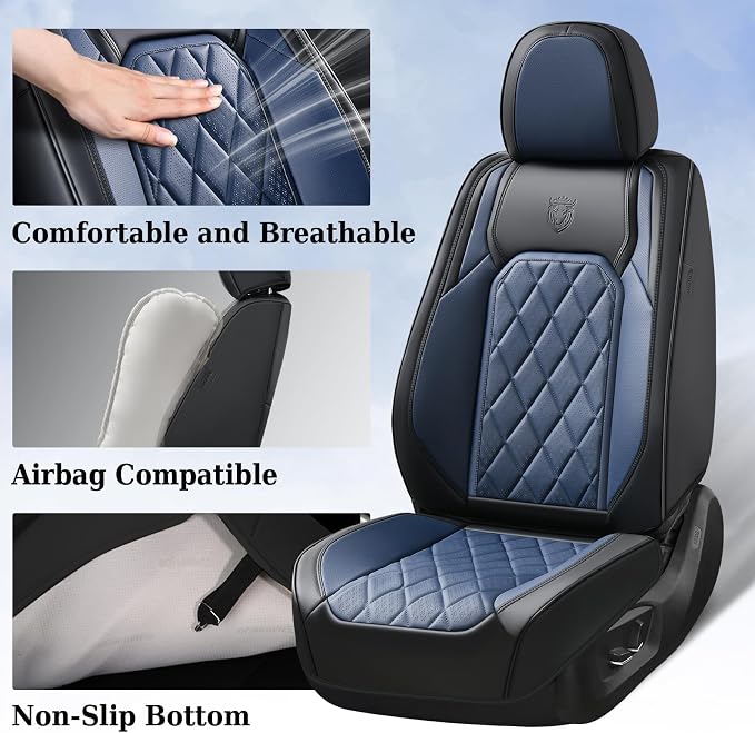 Coverado Seat Covers, Car Seat Cover Front Seats, Luxury Faux Leather Seat Cover, Black and Blue Seat Cover, Car Seats Protectors Waterproof, Automotive Seat Covers Universal Fit for Most Cars - Image 3