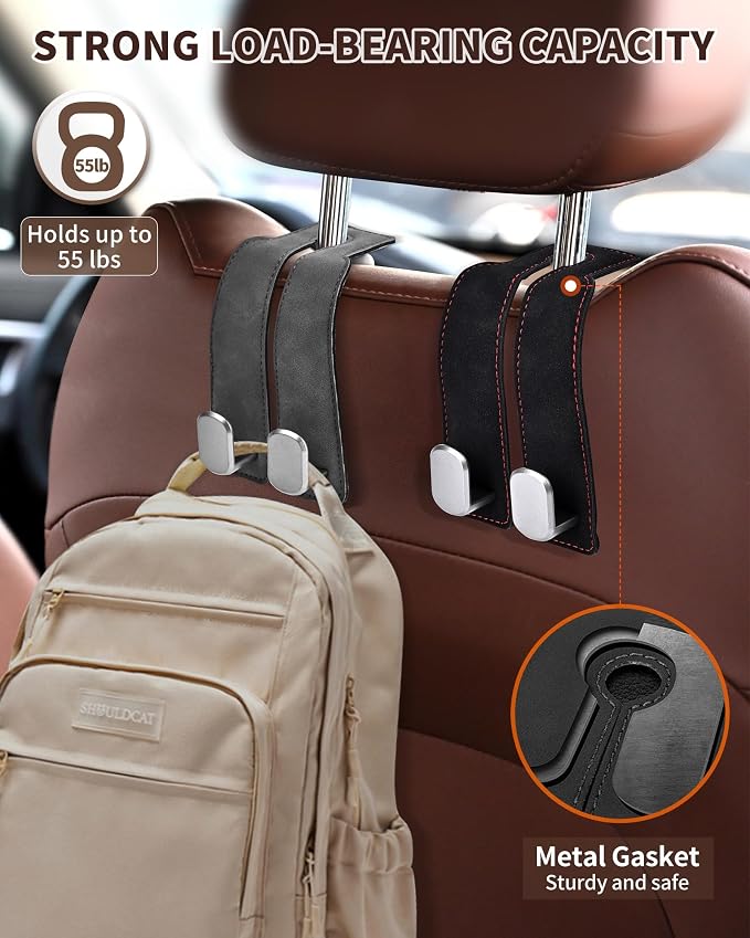 Headrest Hooks for Car, 4 Pack Car Seat Back Organizer Storage Hook, Double Hook Car Seat Hooks for Hanger Purses and Bags, Leather Purse Holder for Car, Grey - Image 5