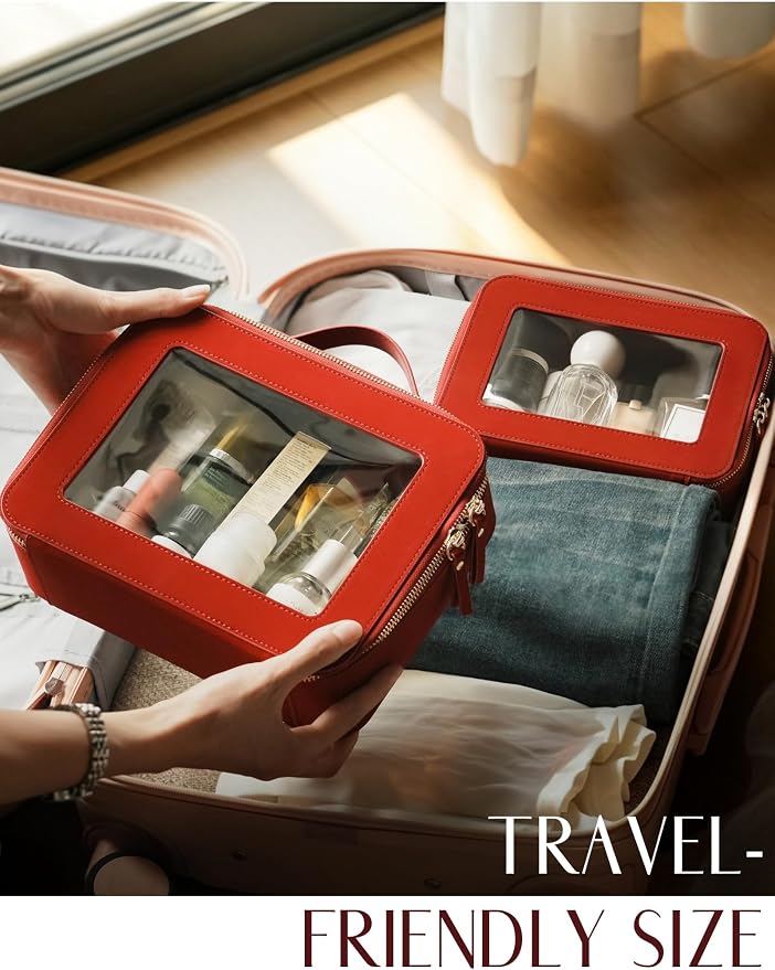 Clear Toiletry Bag 2 Pack, Travel Makeup Bag Medium and Large Red | Structured Clear Cosmetic Case with Zipper, Car Essential Organizer Bag for Women, Waterproof PU Leather, Wide Open Portable - Image 3