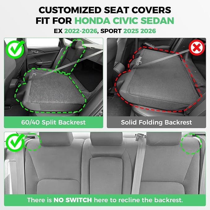 RIDEPOSH Custom Fit Seat Covers for Honda Civic 2022-2026 | Sedan EX 2022-2026, Sport 2025 2026, Faux Leather, 60/40 Split Rear, Rear Armrest, Waterproof, Airbag Compatible, Full Set - Image 2