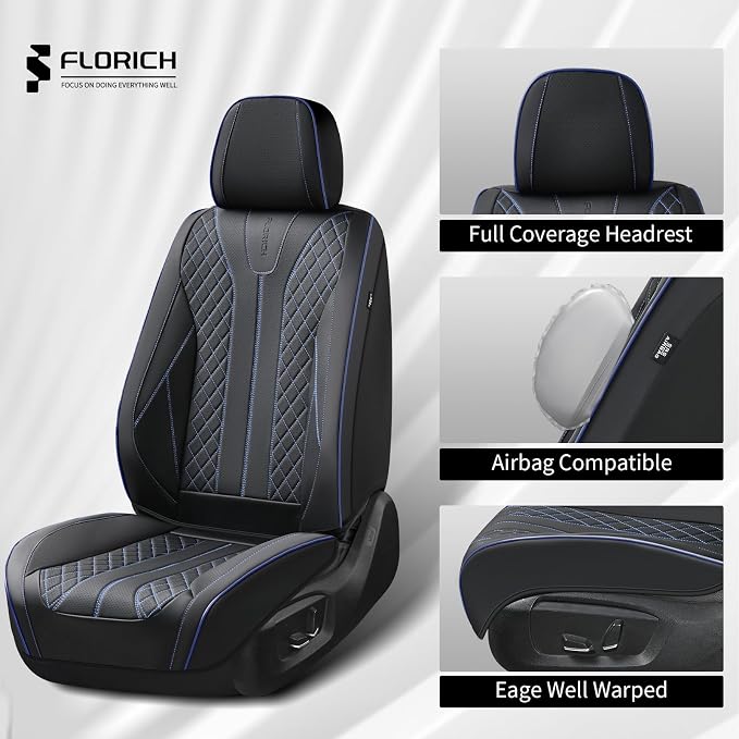 FLORICH Leather Seat Covers for Cars, Car Seat Cover Full Set Luxury Faux Leather Waterproof Seat Cover Full Coverage Seat Protector Universal Fit for Most Cars SUV Trucks, Black&Blue Line - Image 5