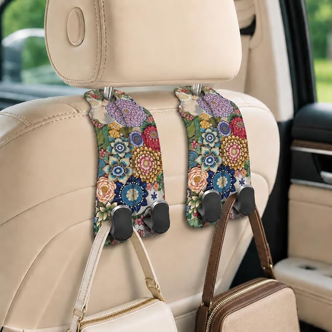 Cute Boho Floral Car Seat Back Storage Headrest Hooks for Purses & Bags – 2PCS PU Leather Dual Metal Hooks, Backseat Organizer Accessories - Image 5