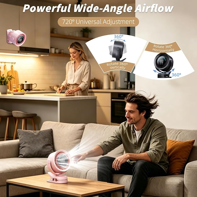 Portable Clip on Fan, Rechargeable USB Desk Fan with Turbo Airflow, 100 Speeds LED Display, 360° Rotation, Small Quiet Battery Powered Fan for Stroller Outdoor Travel Camping Golf Cart, Pink - Image 5