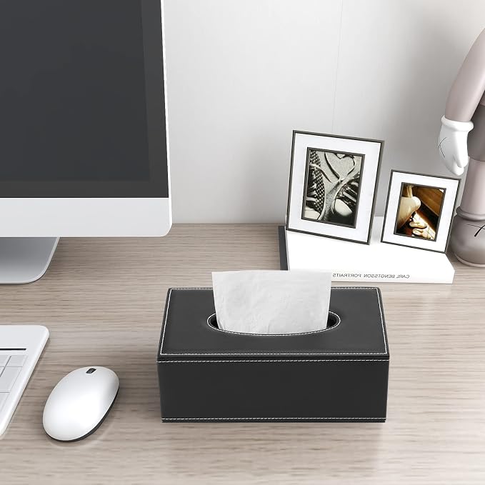 KINGFOM Rectangular PU Leather Tissue Box Cover - Facial Tissue Paper Napkin Holder for Bathroom, Home, Office, Car Automotive Decoration with Magnetic Bottom(Black) - Image 7