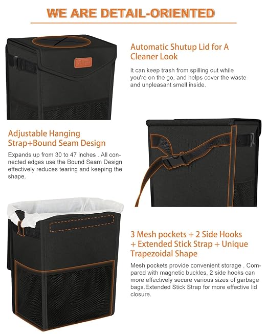 Pritent Car Trash Can with Lid Leakproof Car Garbage Bag Vehicle Trash Bin | Hanging Automotive Garbage Can,Multipurpose Car Accessories for Women Men Interior Car Storage Organizer(2.8 Gal,Black) - Image 4