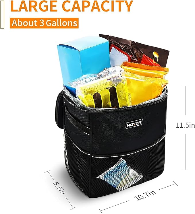HOTOR Car Trash Can, Compact Waterproof Organizer, Leak-Proof Bin, 3-Gallon | Black, Multifunctional Car Accessory with Adjustable Straps & Magnetic Snaps for Interior Car Storage - Image 2