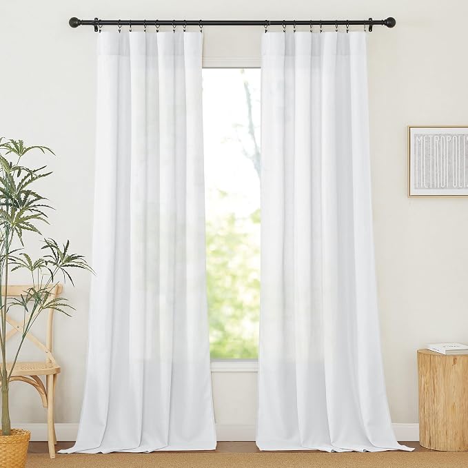 RYB HOME Linen Sheer Curtains 2 Panels for Living Room, Semi Transparent Privacy Drapes with Rod Pocket Farmhouse Style Window Treatments for Bedroom, White, 52" W x 95" L by RYBHOME