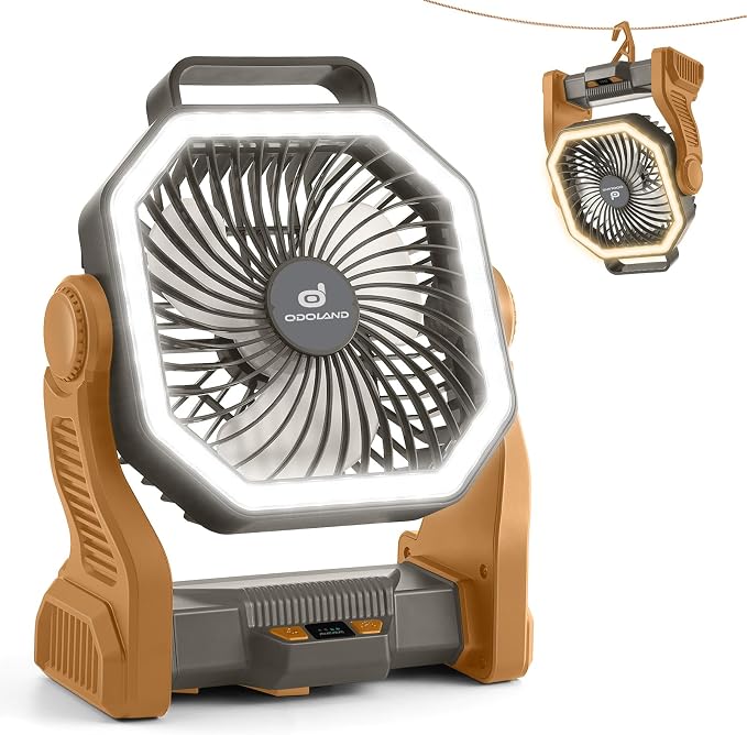 Odoland Portable Rechargeable Fan, 20000mAh Camping Fan with LED Lantern | 4-Speed Airflow & 3-Color Light Oscillating Fan with Hanging Hook for Tent Car Beach Hurricane Power Outage, Brown by Odoland