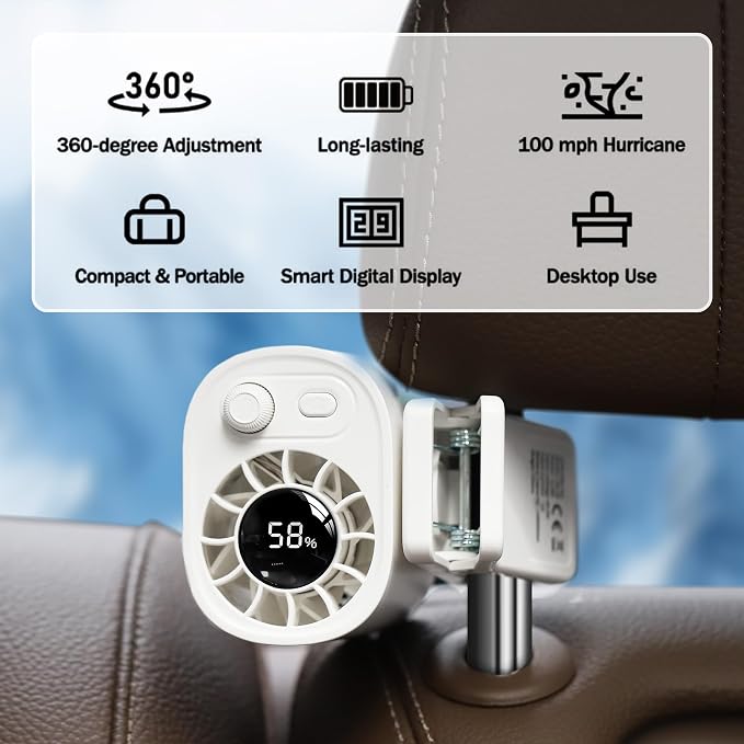 EVADA Car Clip On Fan with LED Display, 360° Rotating, 100 Speed Adjustable, Portable USB Rechargeable 1800mAh Battery Personal Cooling Mini Fan Handheld for Summer, Office, Outdoor, Travel - White - Image 3