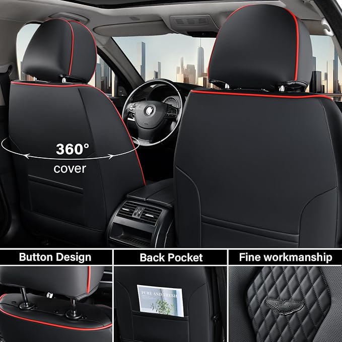 Coverado Car Seat Covers Full Set, Black Seat Covers, Waterproof Car Seat Cover, Car Seat Cushion, Car Seat Covers Front Seats Back Seat Covers, Car Seat Protector Universal Fit Most Cars Red Line - Image 4