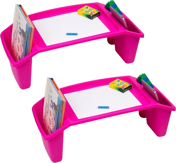 Mind Reader Kids Lap Desk, Portable Activity Tray with Side Storage, Stackable Plastic Desk for Drawing, Snacks, Study, Set of 2, Pink by MindReader