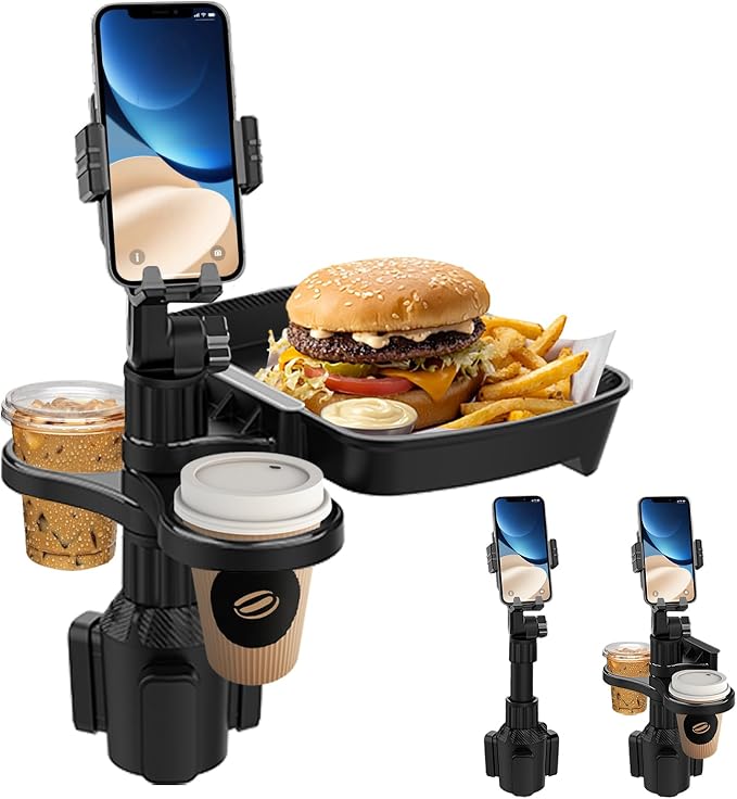 Car Cup Holder Tray - 4 in 1 Adjustable Car Cup Holder Expander with Food Tray Table and Phone Mount 360° Swivel for All Purpose, Automotive Essentials for Driver and Front Passenger by Figtacico