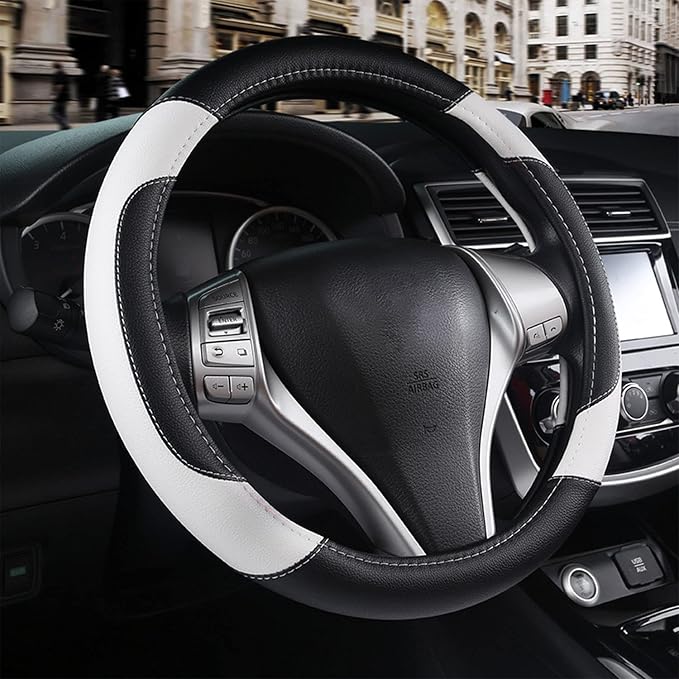 Leather Car Steering Wheel Cover, Universal Fit for Most Cars, White | Microfiber Leather,Non-Slip Breathable Auto Steering Wheel Protector by Szttswamp