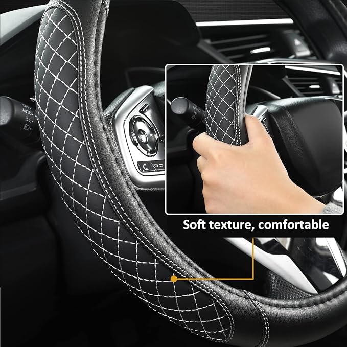 West Llama Customized Auto Car Steering Wheel Cover for Toyota Tacoma,4Runner,Tundra,Sequoia,15.5-16 inch(Diamond Quilted-Black+Gray-Large Size) - Image 4
