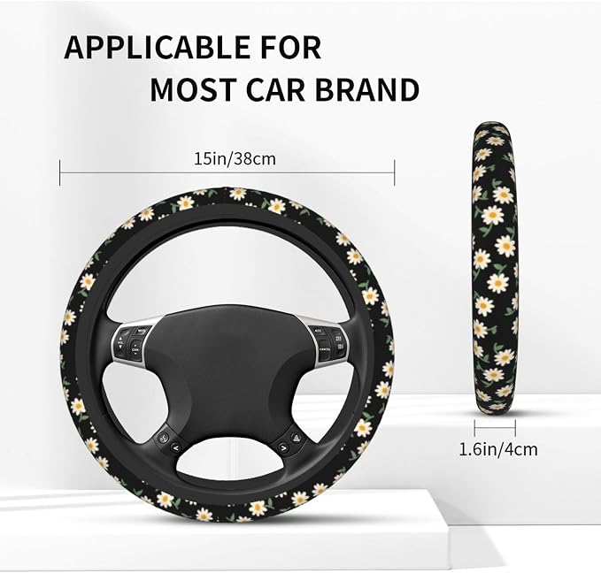 Daisy Flower Steering Wheel Cover 15 Inch + 2Pc Cute car Coasters Set | Anti-Slip Breathable Universal Car Wheel Cover Soft Comfort Grip Accessories for Women Men - Image 4