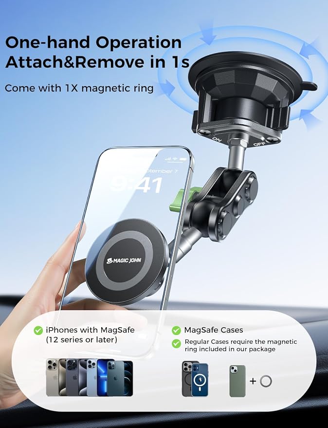 MAGIC JOHN Magnetic Car Phone Holder, Windshield Metal Suction Cup Mount | 360 Degree Rotatable, Strong Suction & Magnetic Force, Solid Metal Frame, Easy Installation - Image 4