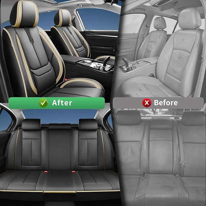 Fit Leaf Car Seat Covers for Nissan Leaf 2011-2024 2025 2026 -Upgraded Premium Waterproof & Breathable Leather,Airbag Compatible,All-Weather Seat Cushion Protector,2 Front/Black-Beige - Image 4