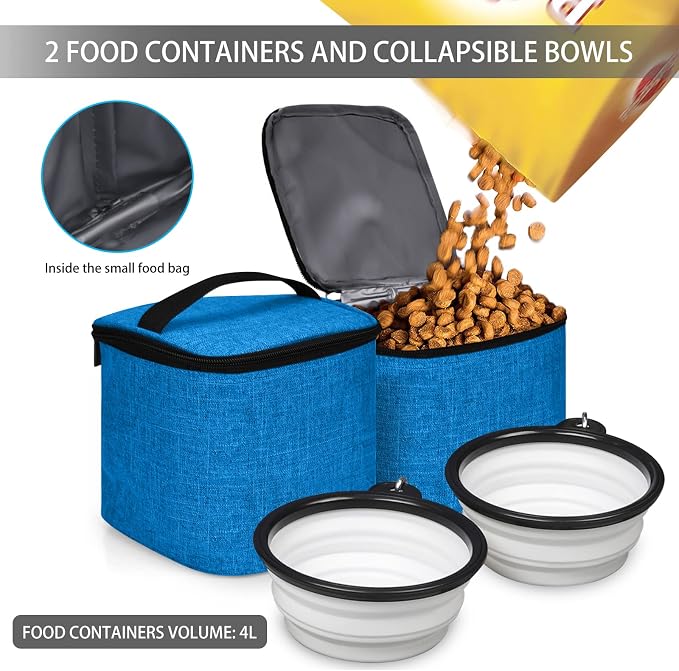 BAGLHER Pet Travel Bag, Double-Layer Pet Supplies Backpack (for All Pet Travel Supplies), Pet Travel Backpack with 2 Silicone Collapsible Bowls and 2 Food Baskets Blue - Image 5
