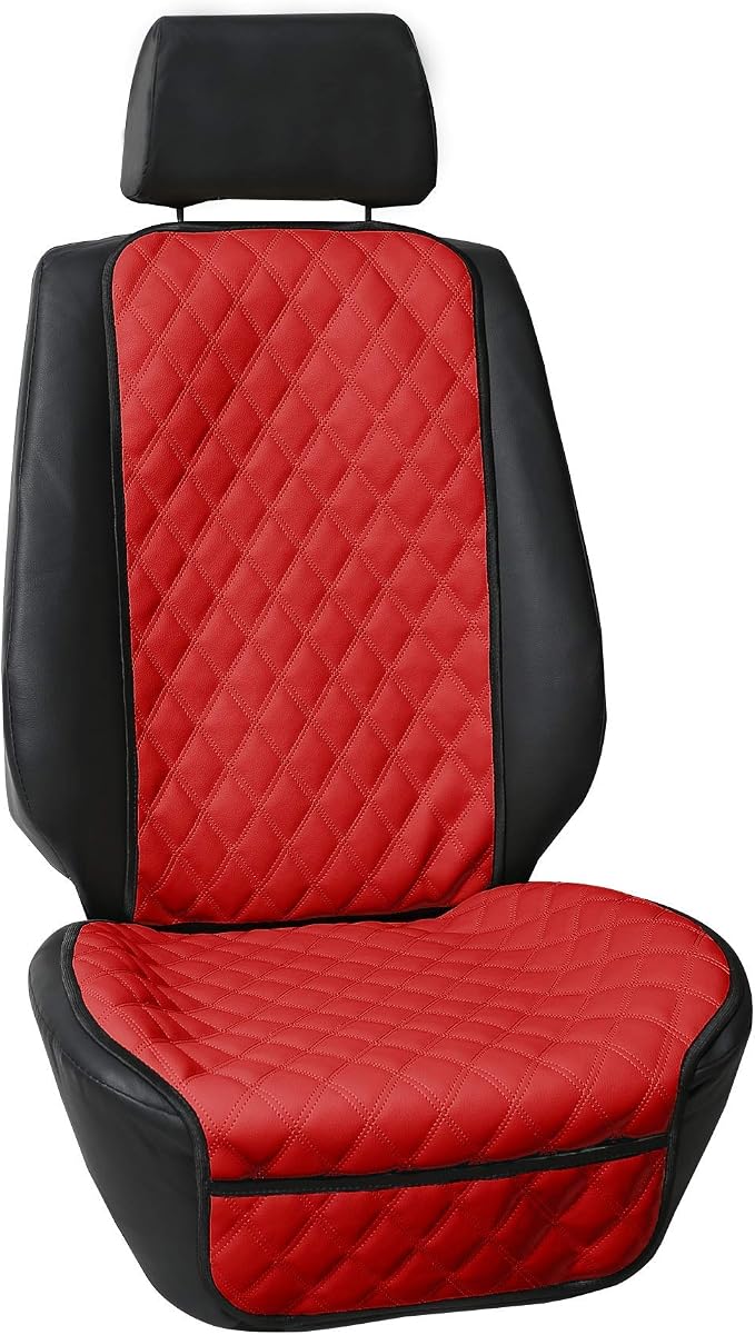 FH Group Car Seat Cushion – Faux Leather Single Front Seat Cover with Front Pockets, Airbag Compatible, Universal Fit Car Seat Cushion for Driver or Passenger Seat, SUV, Truck, Sedan & Van – Red by FHGroup