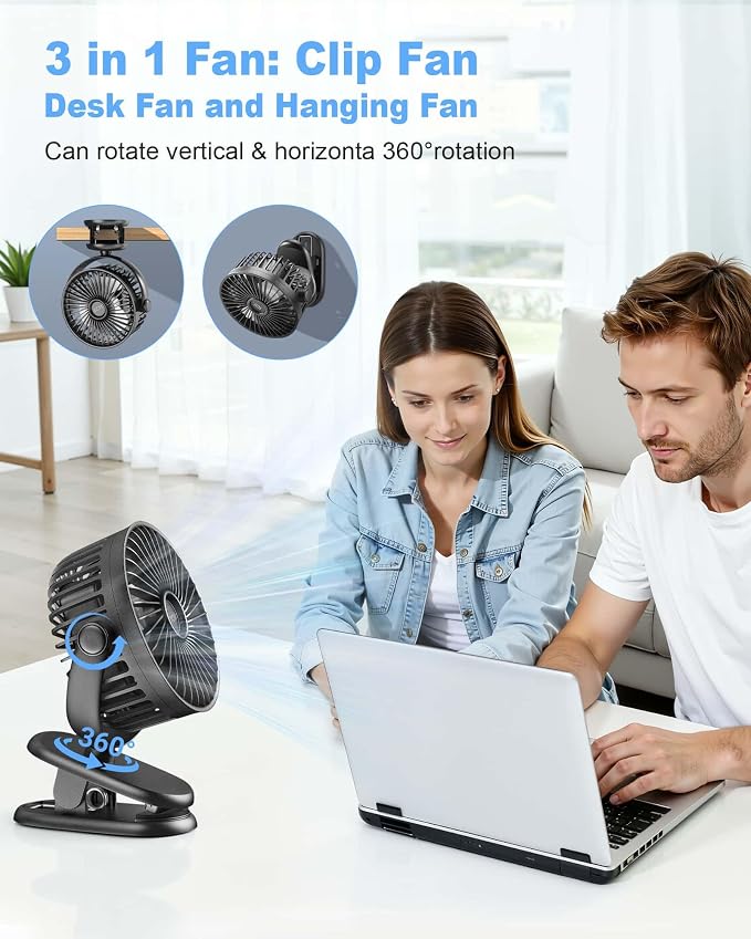 Portable Clip on Fan, Rechargeable Stroller Fan, USB Desk Fans With TYPE-C Port 5200 mAh Battery Operated 3 Speed 360° Rotatable Personal Small Mini Table Fan for Pram Car Seat Crib Golf Cart Camping - Image 3