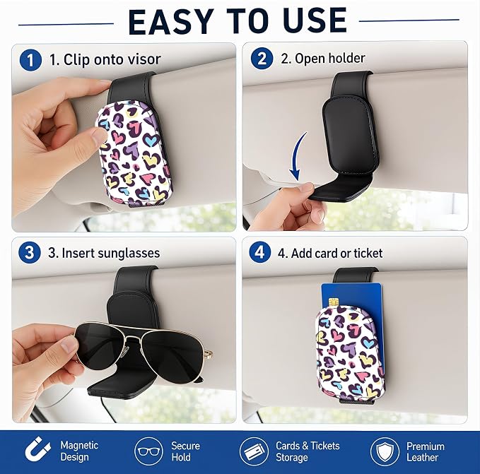 Leather Magnetic Sunglass Holder for Car Sun Visor, Cute Eyeglass Ticket Card Hanger Clip, Universal Auto Interior Accessories for SUV Pickup Truck, Color Heart - Image 5