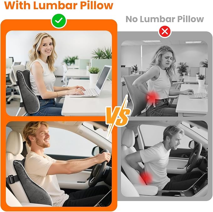 CloudBliss Lumbar Support Pillow, Memory Foam for Office, Standard, Gray | Ergonomic High-Density Memory Foam, Adjustable Straps, Washable Mesh Cover, Lower Back Support for Office, Gaming & Car Seat - Image 3