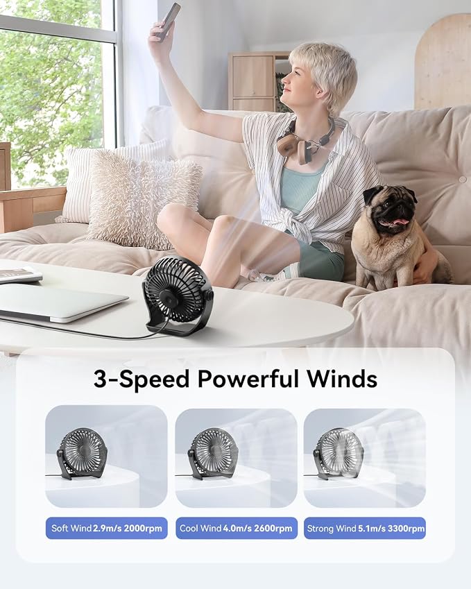 Edvision USB Desk Fan, 5 Inch Small Portable, 3 Speeds Powerful Wind Mini Personal Desktop Fan 360° Rotation Adjustable, Plug In USB Fan Quiet for Table Home Office Travel Car(Black) - Image 4