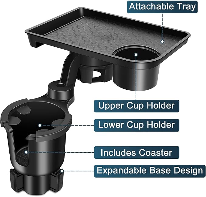 JPart Car Cup Holder Tray, Cup Holder Expander, 2 in 1 Detachable Car Food Tray with 360°Rotation Tray for Eating, Storage and Travel Road Essentials, Black - Image 2