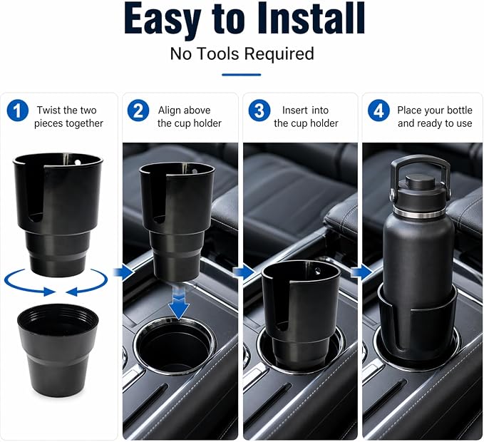 Car Cup Holder Expander for Large Bottles, Fits 32 oz to 40 oz Water Bottles and Handle Mugs, Secure Base for Most Vehicle Cup Holders, Durable ABS, Easy to Install, Durable ABS (Black) - Image 8
