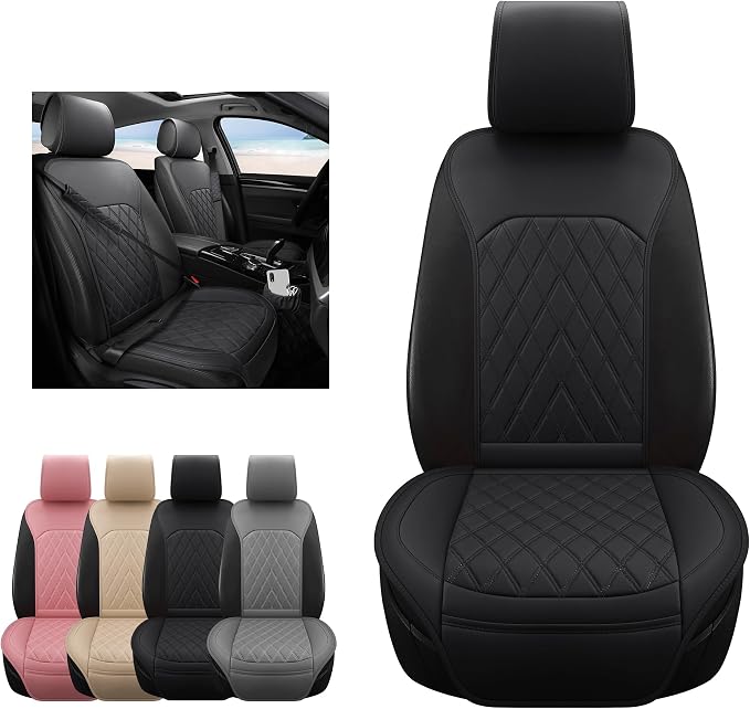 Front Car Seat Covers - Leather Seat Covers with Storage Pocket and Two Belt Pads, Anti-Slip Waterproof Universal Seat Covers for Cars Fit Cars Trucks SUV(Black,2 Pack) - Image 7