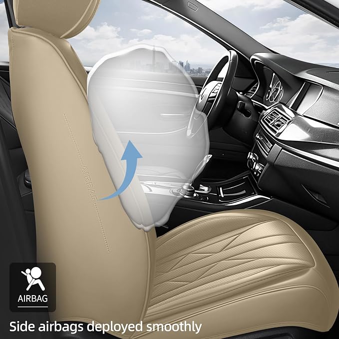 HChengkikz Car Seat Covers Full Set, Full-Wrap Faux Leather (Beige) | Universal Fit for SUV Truck Pickup Sedan, Waterproof with Memory Foam Lumbar Support, Airbag Compatible - Image 4