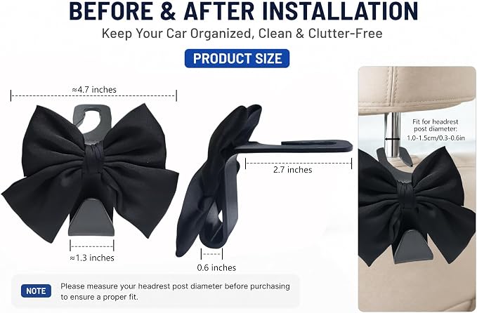 2 Pack Car Purse Hooks, Headrest Hooks for Cars, Black silk | Car Bag Hanger for Groceries, Coats, Umbrellas and Daily Essentials, Bow-Shaped Car Interior Organizer for Handbags and Bags - Image 4