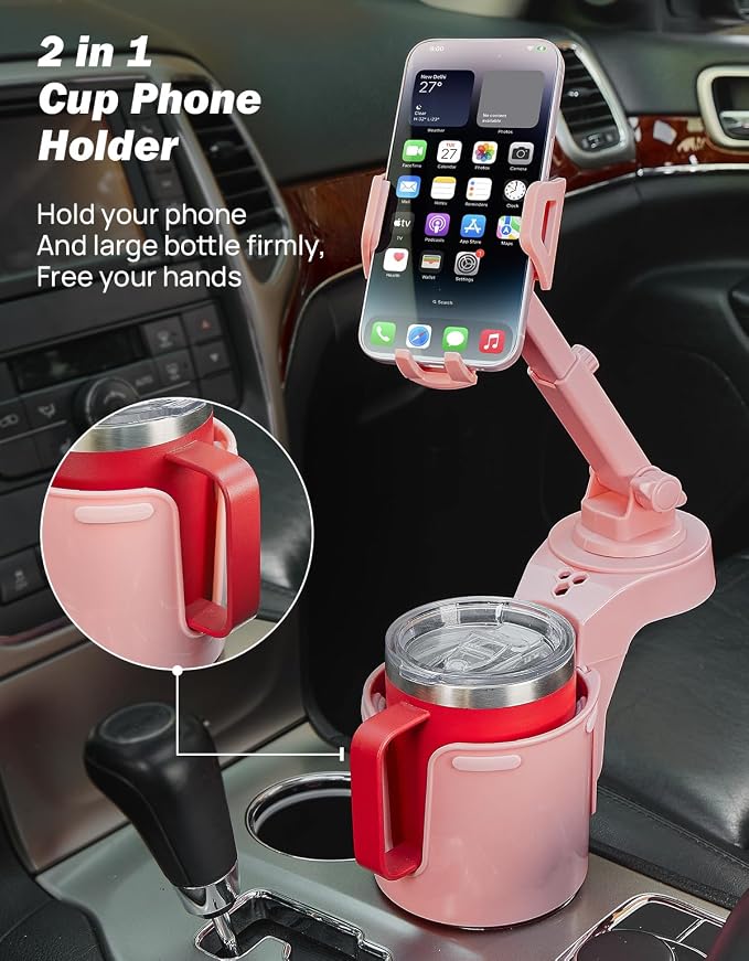 JOYTUTUS Cup Holder Phone Mount for Car, Car Cellphone Large Adapter Long Arm with 360 Degree Rotation, Compatible iPhone, Samsung & All Smartphones,Pink,1 Pack - Image 2