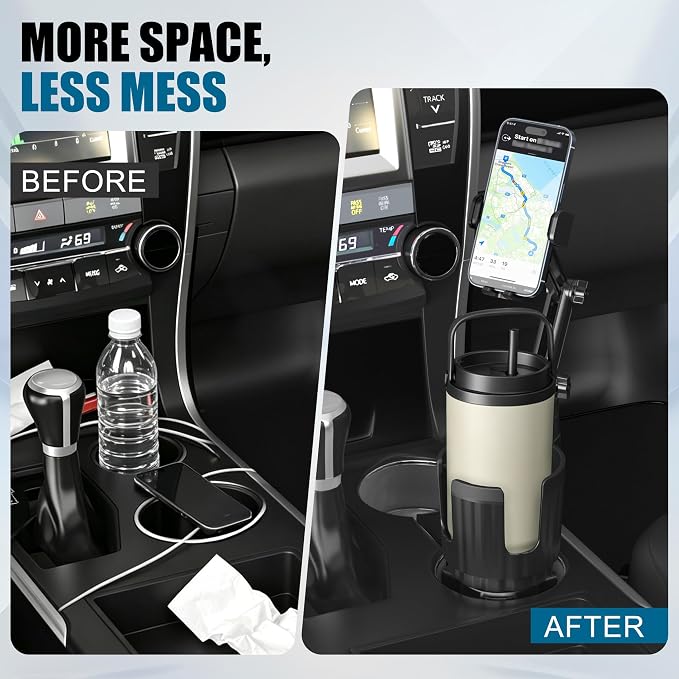 2 in 1 Auto-Clamping Cup Phone Holder for Car, 15W Fast Wireless Charging Cup Holder Phone Mount with USB-C Cable and 12V Car Adapter, Adjustable Car Cup Expander for Large Bottles - Image 2