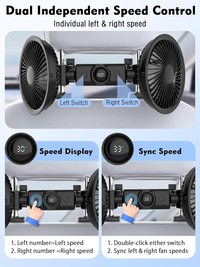 Car Fans for Backseat, 3600mAh Battery & USB Car Seat Fan with LED Display | 5V/2A,3 Speeds,360°Rotation, Dual Head Rechargeable Carseat Fan for Kids Baby Rear Facing Cooling Fan for Vehicle RV - Image 5