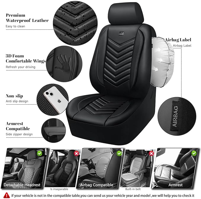 CAR PASS 3D Foam Faux Leather Seat Covers Front Seats,Waterproof Leather Front Seat Cover for Cars,Luxury Universal Fit for SUV Truck Sedan Automotive, Armrest Airbag Compatible Anti-Slip, Black - Image 3