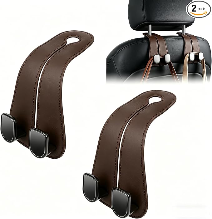 2 Pack Leather Car Headrest Hooks, Heavy Duty Double Car Hooks(Brown) | Anti-Drop Design, Holds Up to 50 lbs, Purse Hanger, Car Seat Organizer, Car Hanging Accessories by Unknown