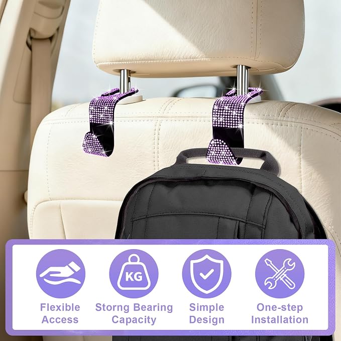 BFXM 6 Pack Car Seat Headrest Hooks,Car Accessories Bling Purple | Back Seat Purse Hanger Holder Hook, Universal Storage Organizer for Handbag Grocery Bags Coats - Image 6