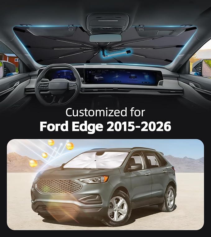 Windshield Sun Shade for Ford Edge 2015-2026 with 360° Rotating Shaft | Custom Fit Umbrella Sunshade for UV Blocking, Interior Heat Protection, Easy Storage, UPF 50+ Cool Windshield Cover - Image 2