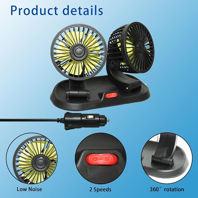 Adjustable Dual Head Car Cooling Fan 12V-Brushless Motor-2 Speeds, 360Rotation, for Car Dashboard, Powerful Cooling Solution for Sedan/SUV/RV/Truck/Van Vehicles,Cigarette Lighter Powered (2-head 12V) - Image 7