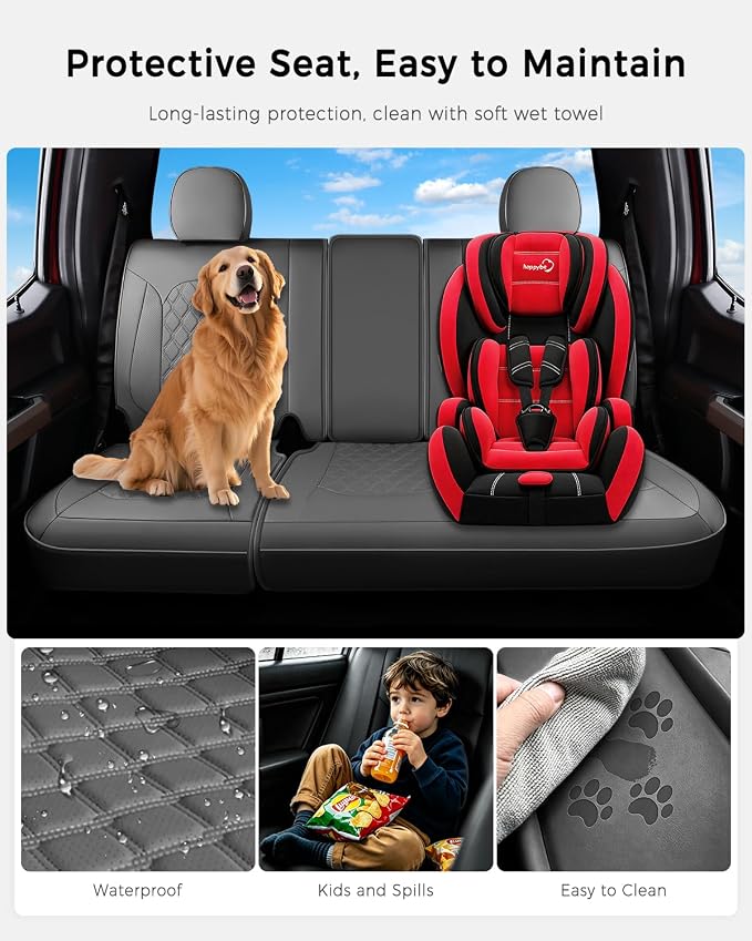 Huidasource Gray Rear Seat Covers Fit for Ford F150 2015-2026 & F250 F350 F450 2017-2026 Crew Cab XL XLT Lariat King Ranch Platinum, Nappa Leather Waterproof Rear Bench Car Seat Cover - Image 4