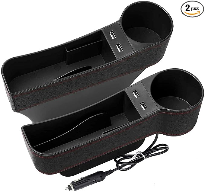 Car Seat Gap Organizer,Premium Console Side Pocket with 2 USB Charging,Leather Storage Box,Multifunctional with Dual USB Charging,Cup Holder,Car Seat Gap Filler,for Cellphones Wallet Coin Key (2 Pack) by CALU+LUKY