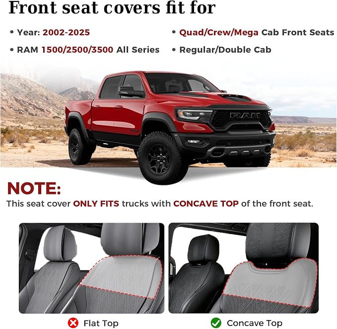 Truckiipa Dodge Ram Seat Covers Front Pair, Car Seat Cover Waterproof Leather Protector Pickup Truck Accessories, Full Coverage Custom Fit for 2002-2026 Ram 1500 2500 3500 Regular/Double Cab, Black - Image 2