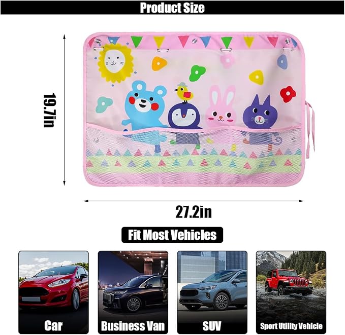 GLSOWEE Car Window Shade for Baby, Blackout Car Window Curtain, Animals | Storage Pockets & 7 Suction Cups, Cartoon Pattern Car Side Window Sun Shade Cover for Sun/Heat/UV Rays Protection, Pink - Image 2