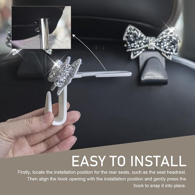 2 PCS Bling Car Seat Headrest Hooks, S Type Crystal Rhinestone Bow Vehicle Seat Back Storage Hooks for Purses Bags Groceries, Universal Diamond Car Rear Seat Organizer (Black) - Image 5